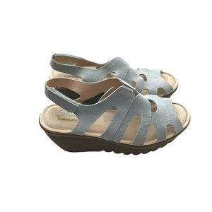 Skechers Women's Stylin' Suede Peep Toe Slingback Wedge Sandals Blue SZ 6.5